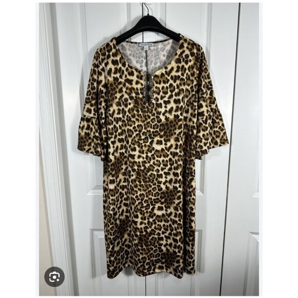 Chelsea Taylor Womens 2X Cheetah Print Dress Gold Rings Animal Print (bin LL179) - Picture 1 of 9
